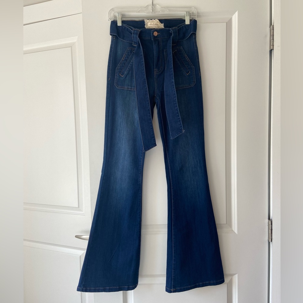Dark denim flare jeans with tie